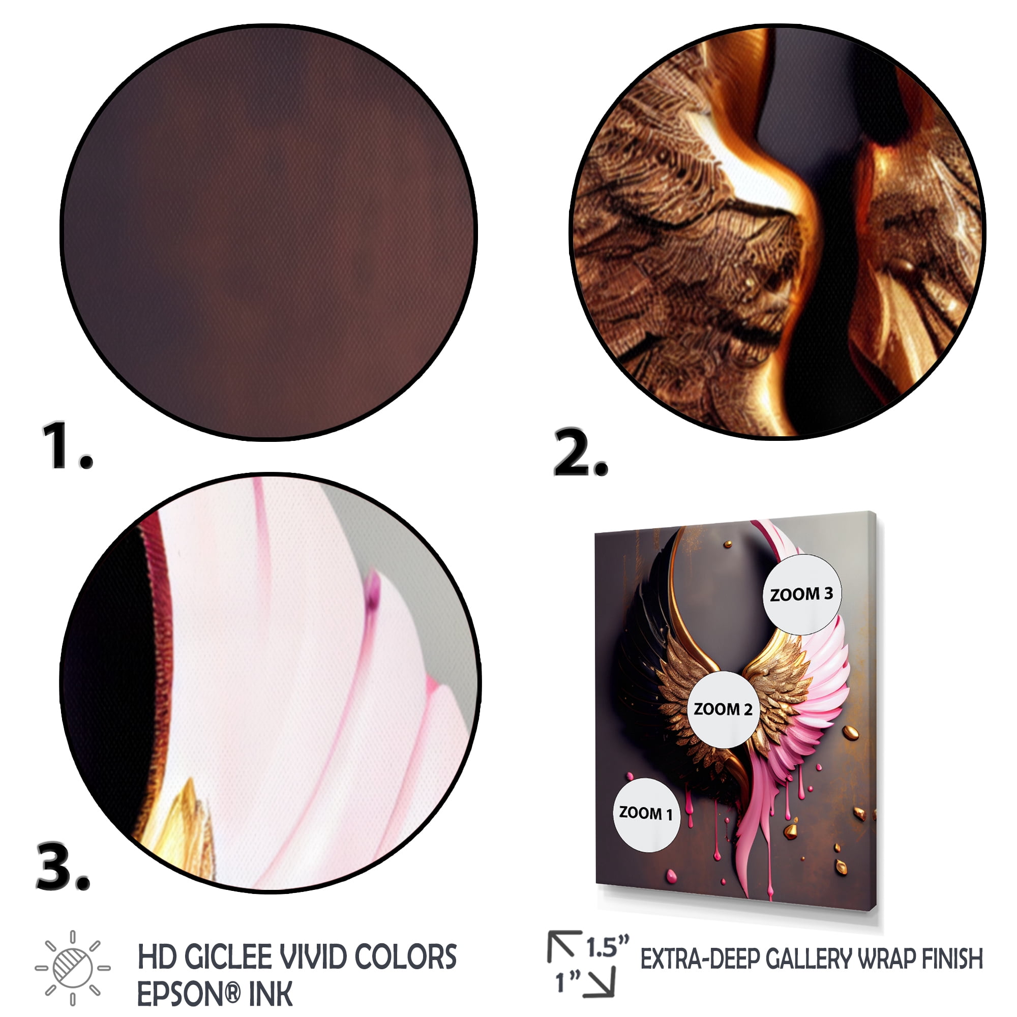 Designart Pink,Gold And Black Angel Wings II Canvas Wall Art