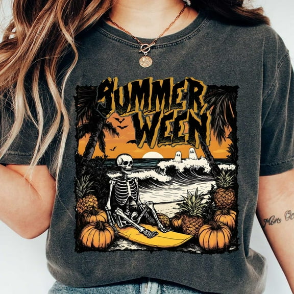 Summerween Vibes T-Shirt for Women, Funny Halloween Skeleton Flamingo Graphic Tee, Trendy Spooky Pumpkin Pool Ghost