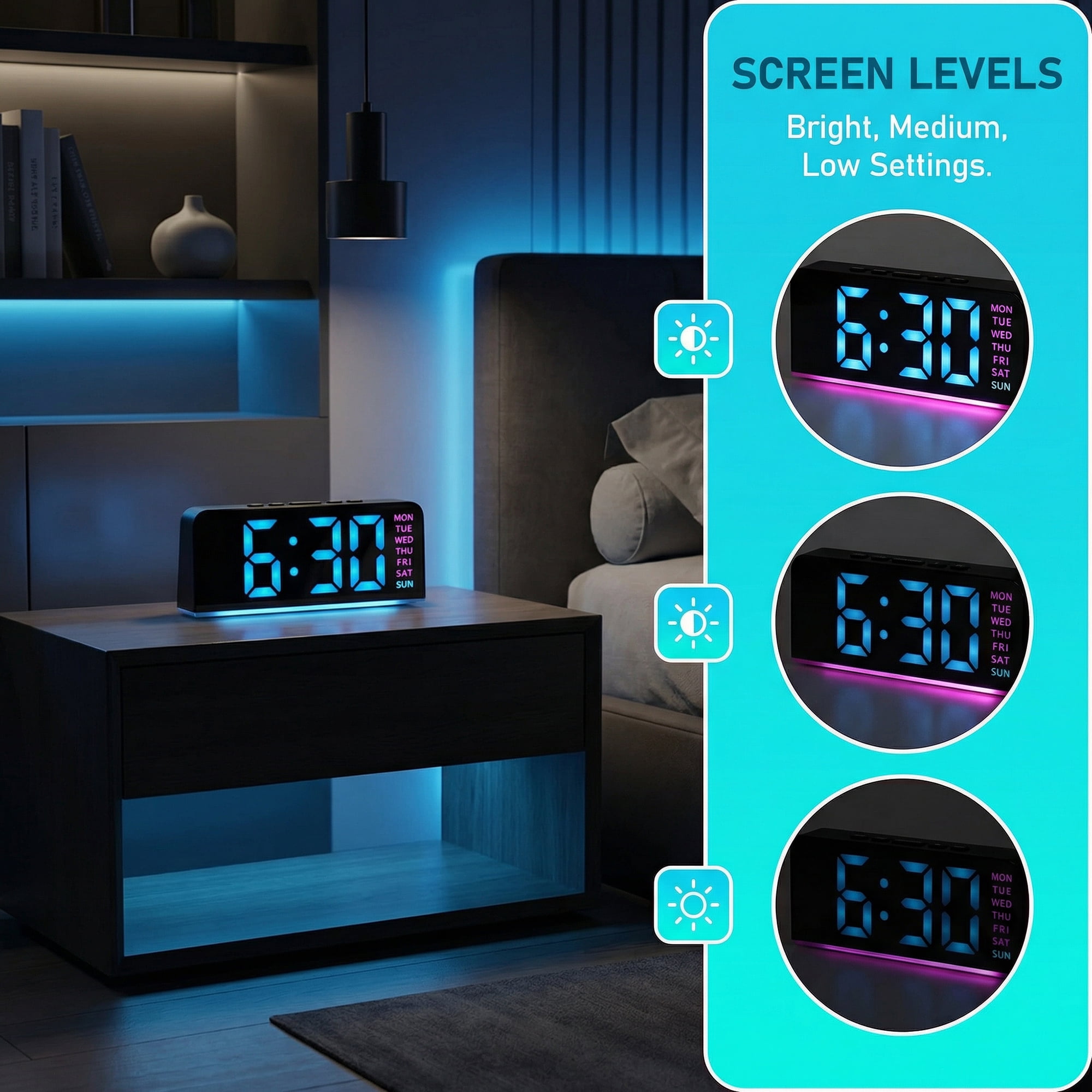 Unique Bargains Dimmable Dual Alarm Clock with Snooze Function 6.3" x 1.6" x 2.6"