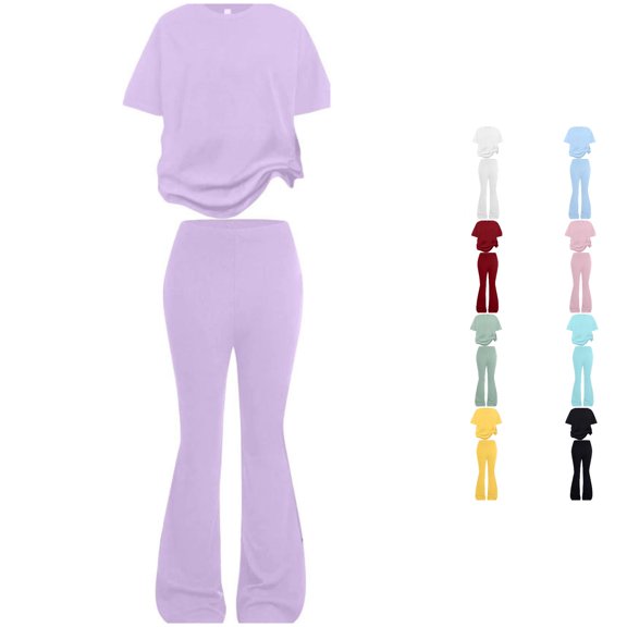WAYUTE Girls 2 Piece Outfits Solid Color Crew Neck Short Sleeve Top and High Waist Stretch Flared Leg Pants Kids Loungewear Fashion Clothing Set Casual Daily Wear,Purple,Size 8-9 Y