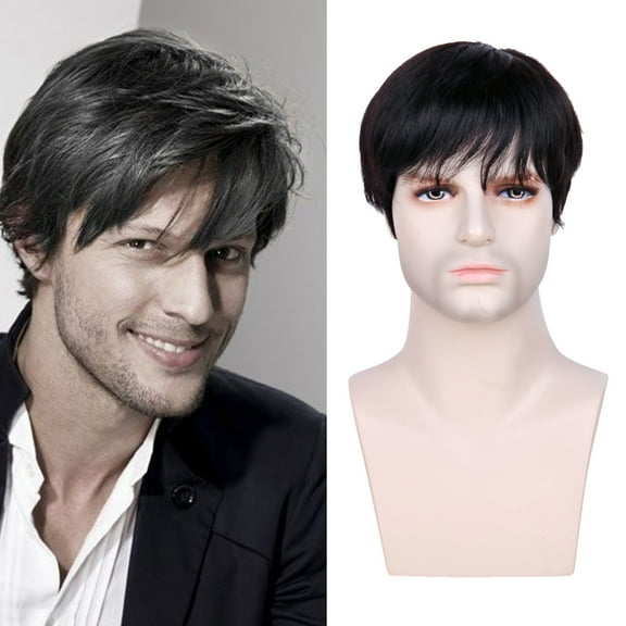 Creamily Mens Wigs Short Human Hair Wigs Straight Glueless Wigs Human Hair Layered Black Pixie Wigs with Wefted Wig Caps
