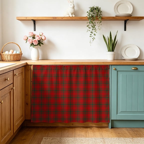 Merry Christmas Sink Skirt 11"Wx13"L, Dustproof Under Sink Curtain with Self Adhesive Tape, Xmas Red Green Plaid Checkered Cabinet Curtain Cover for Bathroom Vanity, RV, Kitchen Cabinet Storage Shelf