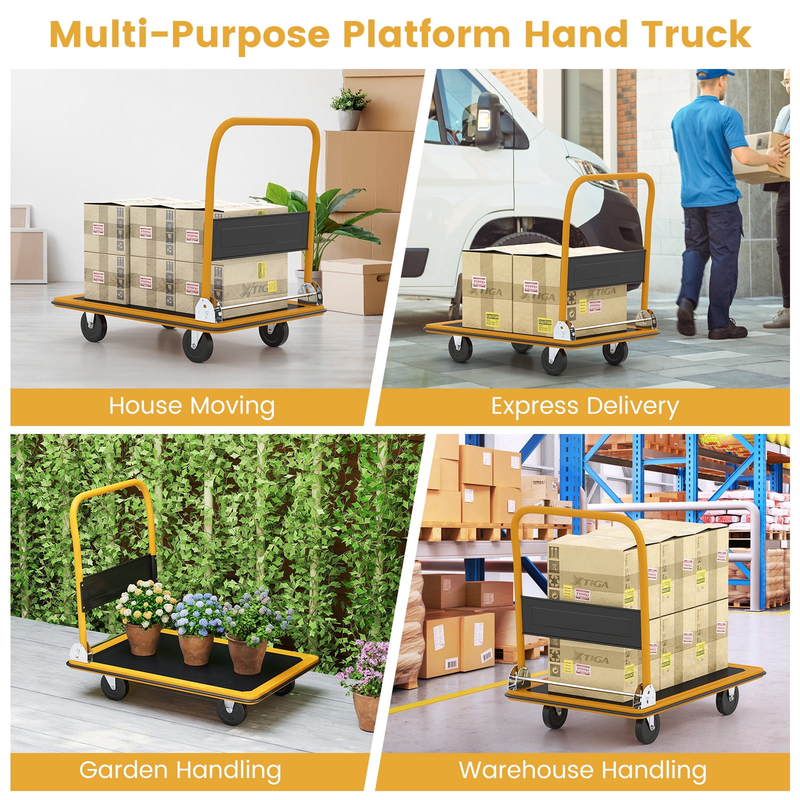 Costway 660lbs Platform Cart Dolly Folding Foldable Moving Warehouse Push Hand Truck New Yellow