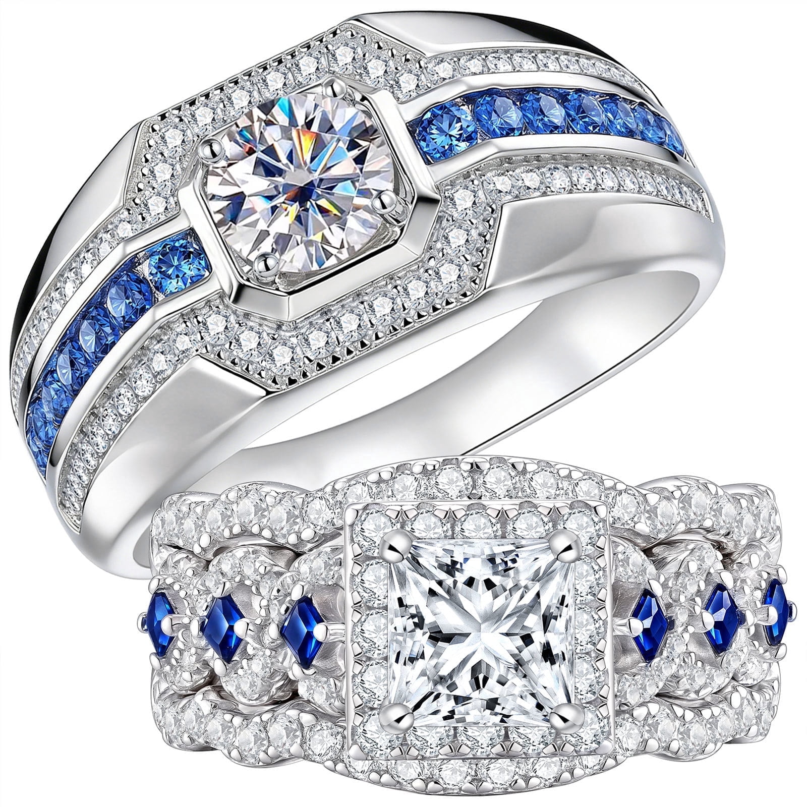 Newshe Moissanite Wedding Rings Set for His and Hers Blue Couple Rings 18K White Gold Plated for Women and Mens Size 7&9