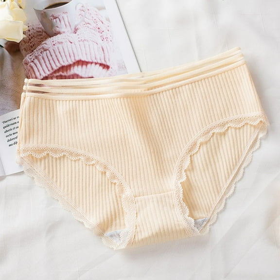 Sunvit-Panties Womens Soft Breathable Premium Cotton Bikini Briefs - Ribbed Lace Trim, Non-Digging Waistband, Beige Color, Size XL - Perfect for Daily/Home Wear