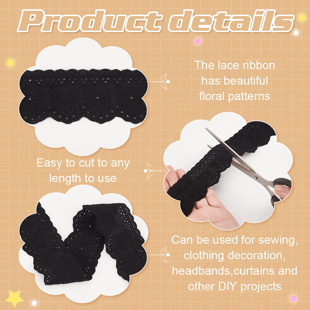 15 Yards Cotton Embroidery Bowknot Lace Ribbons Black 1-5/8 inch(40mm)