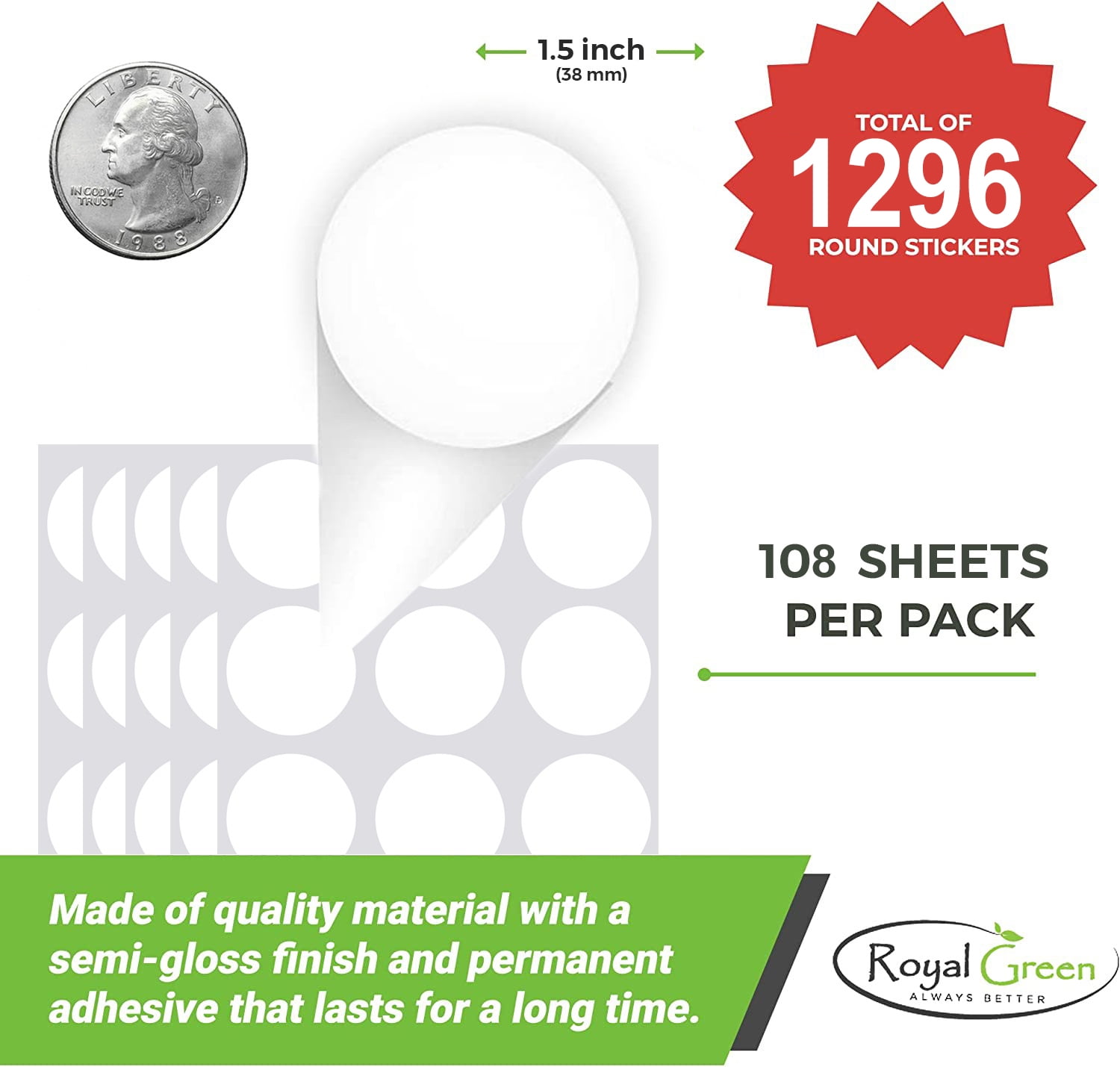 White Color-Coding Label Dots 38mm (1.5 inch) inch Round Labeling Sticker Dots - 1296 Pack by Royal Green