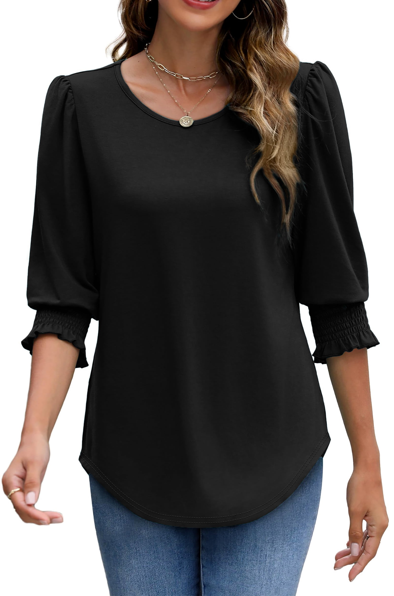 Fantaslook Blouses for Women Dressy Casual 3/4 Length Sleeve Womens Tops with Smocked Cuffs Fashion Shirts
