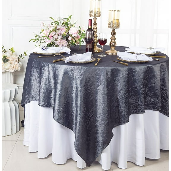 Wedding Linens Inc. 85" Square Crushed Crinkle Taffeta Table Overlay Toppers - Pewter / Charcoal