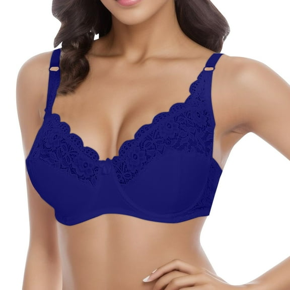 Fsqjgq Bras for Women Plus Size D Cup Gathered Push Up Full Figure Bra Floral Lace Patchwork Lightly Lined Convertible Wireless Bras Bralettes Navy