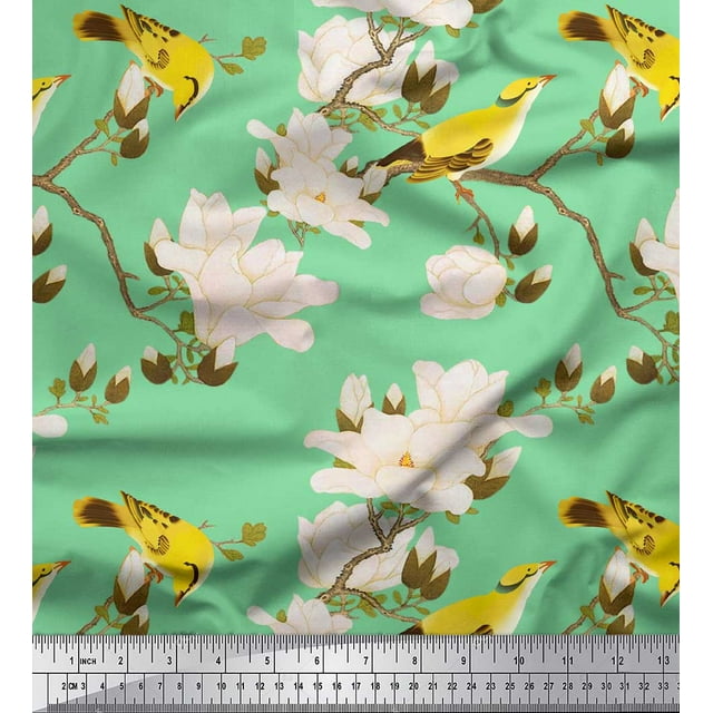 Soimoi Green polyester Crepe Fabric Floral & Leaves Bird Bird Print Fabric by the Yard 42 Inch Wide