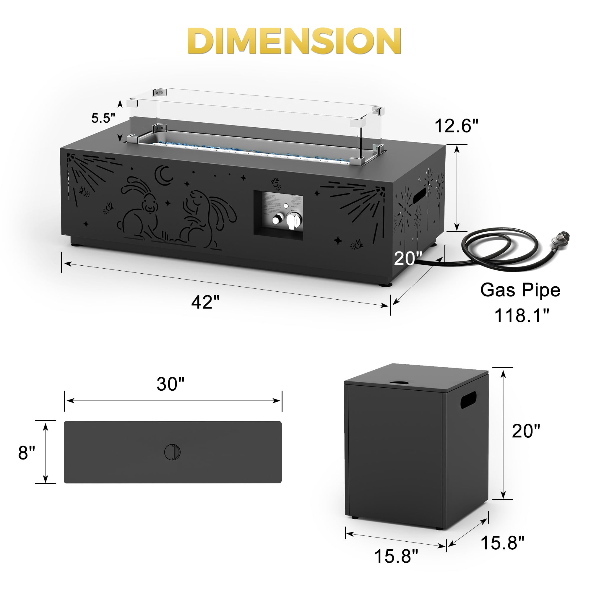 RADIATA 42" Rectangle Fire Pit Table, Dual-Fuel (Propane or Natural Gas), 50000 BTU,LED Rabbit Light, CSA Certified, Dark Gray