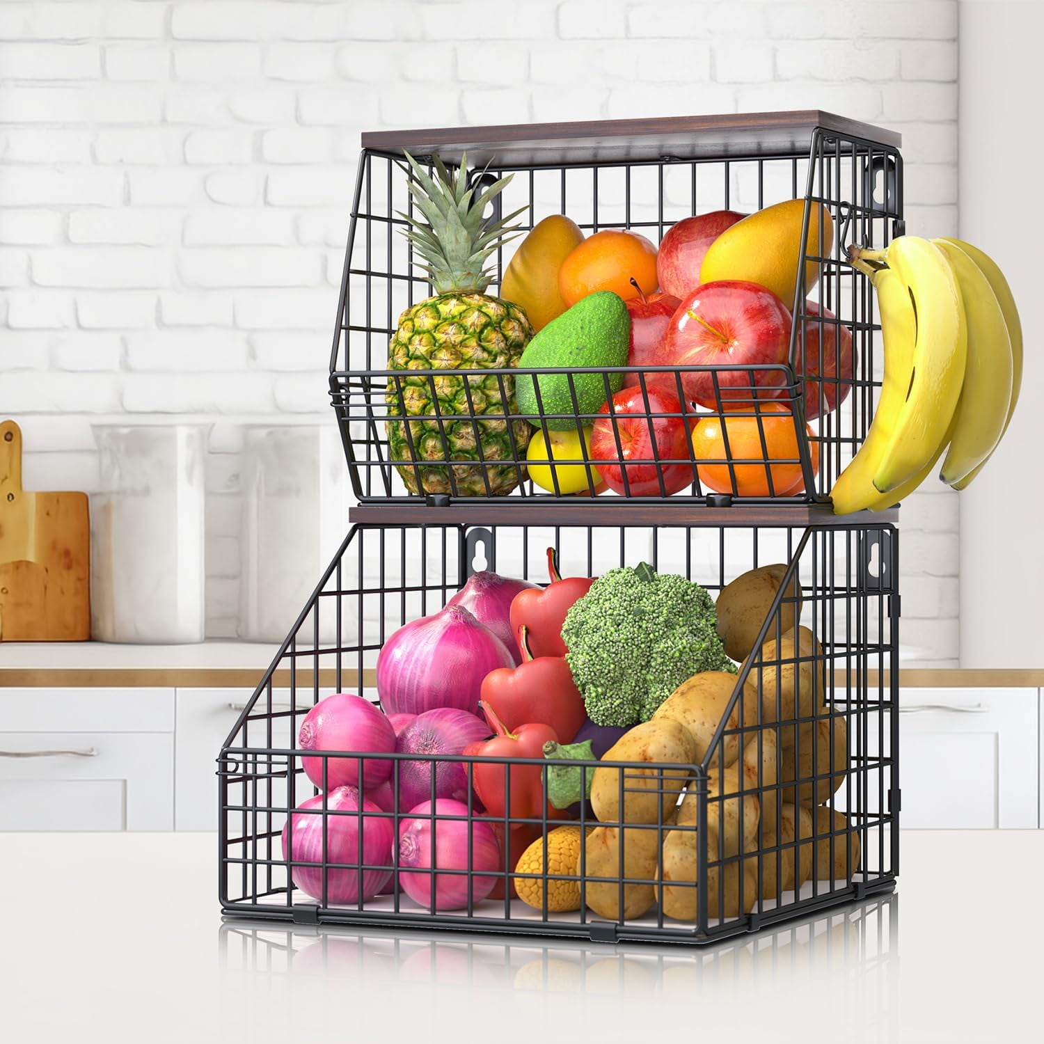 2-Tier Wall Mounted Fruit Basket With Wood Lid - Stackable Kitchen Countertop Storage For Veggies & Snacks - View #9