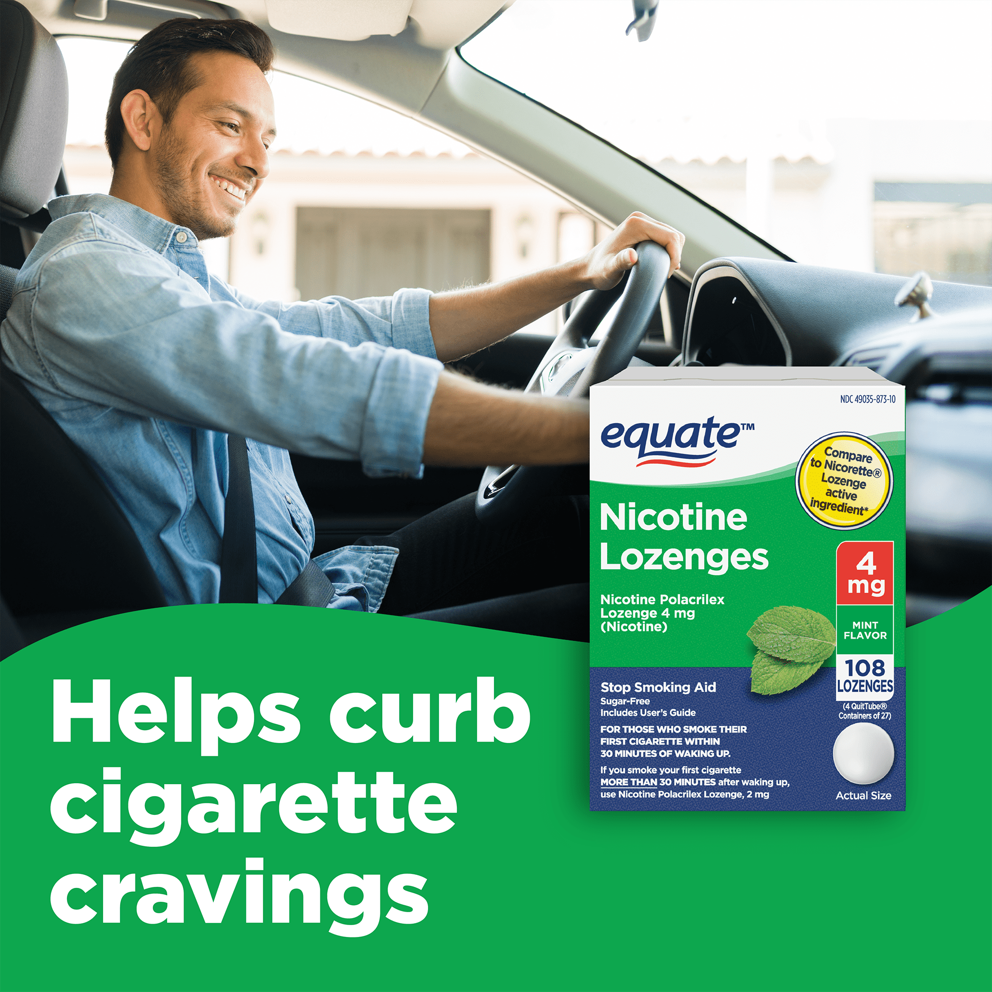 (3 pack) Equate Nicotine Polacrilex Lozenge 4 mg, Mint Flavor, Stop Smoking Aid, 108 Count, Compare to Nicorette® Lozenge Active Ingredient