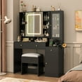 thumbnail image 3 of Black Vanity Desk with Sliding Mirror & Lights, Vanity Table Makeup Desk with Charging Station 2 Drawers 2 Doors, Lots of Storage Shelves, Large Vanity Set with Cushioned Stool, 3 of 9