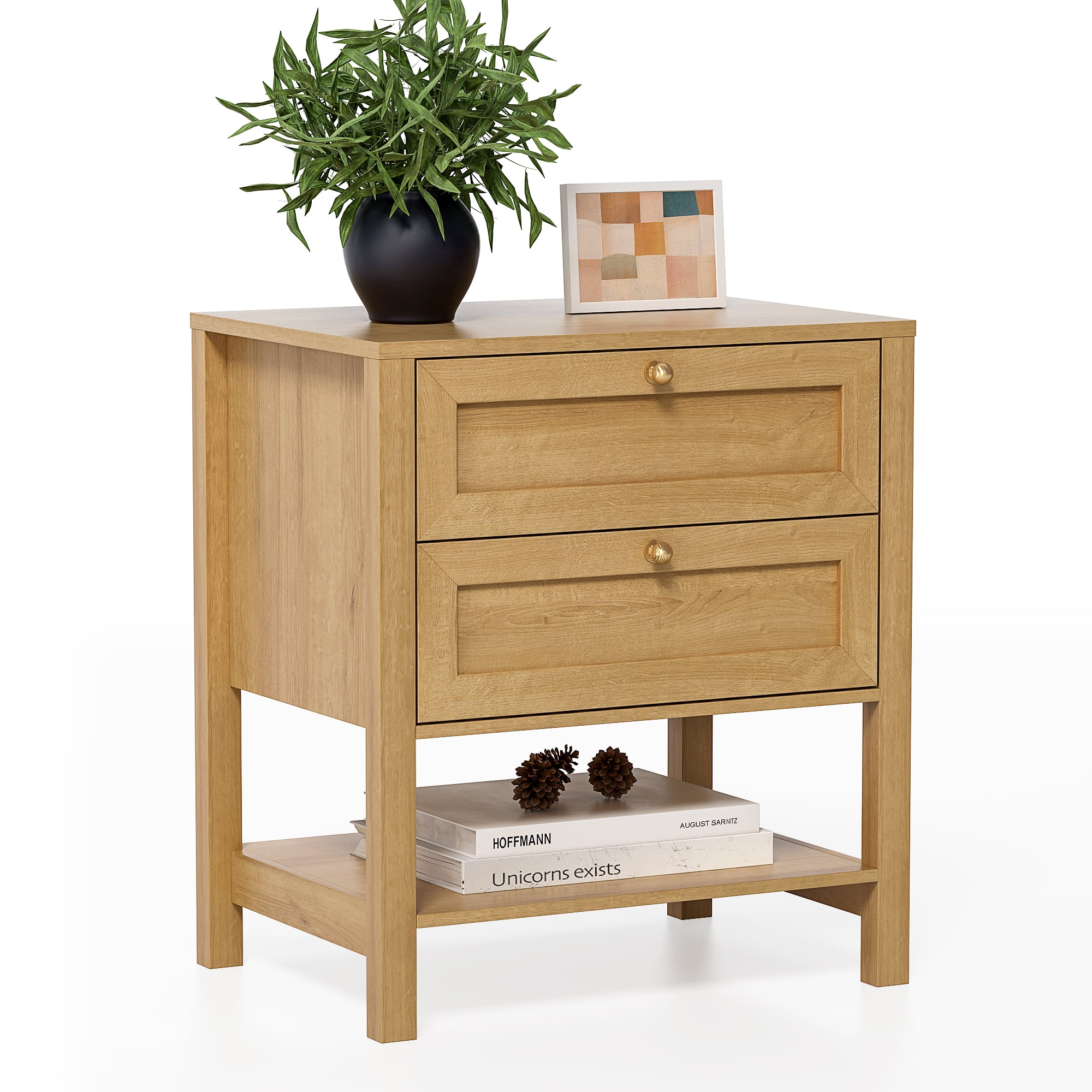 EYYTHUNG Large Nightstand with 2 Drawers, Large Farmhouse Wood Bedside Table with Open Shelf, 22" Wide Tall End Table for Sofa, Bedroom, Natural Oak