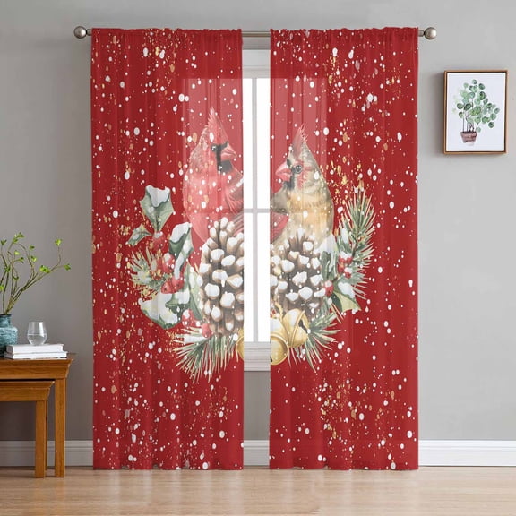 ERUNPONLY Christmas Sheer Curtains 63 Inch Length 2 Panels Set, Red Cardinal Pine Cone Branches Snowflake Voile Window Treatment Curtains Sheers Drapes for Bedroom/Living Room/Kitchen 52x"63"x2