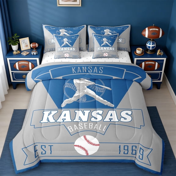 jejeloiu Baseball City Twin Bedding Sets 7-Piece,Kansas Bedding Comforter Set,Gray Blue Sheet Sets For Child,Luxury Bedroom Decor Reversible