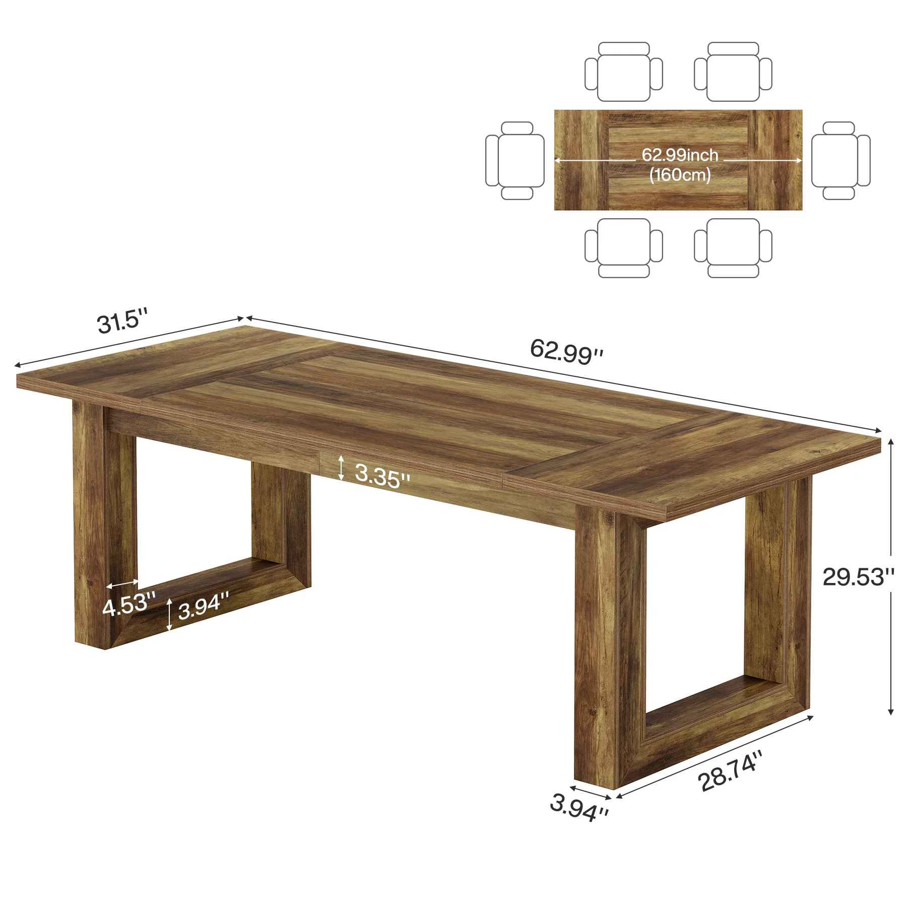 Hommoo 63 Inch Rectangular Wooden Dining Table for Kitchen & Dining Room, Modern Farmhouse Style, Sturdy Square Base, Seats 4-6, Easy Assembly, Natural