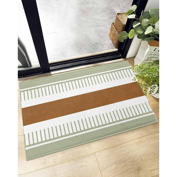 Shag Bath Rugs Bohemian Tribal Striped Sage Green Brown Plush Soft Fluffy Doormat Floor Carpet,Non-Slip Living Room Bedroom Kitchen Entryway Door Mats Vintage Farmhouse