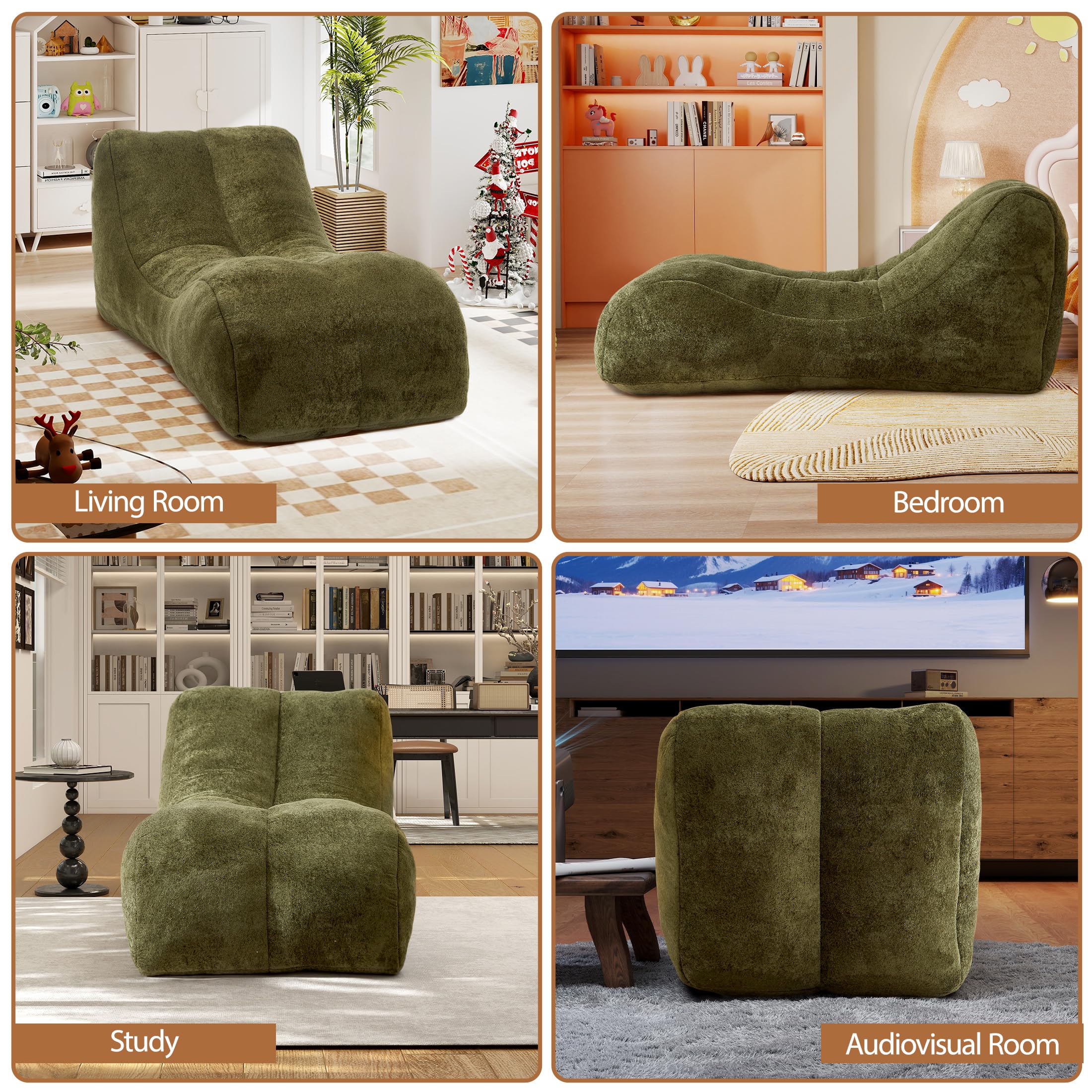 Aukfa Chaise Lounge, Bean Bag Sofa for Stretching, Relaxation, High Density Foam Recliner, Olive