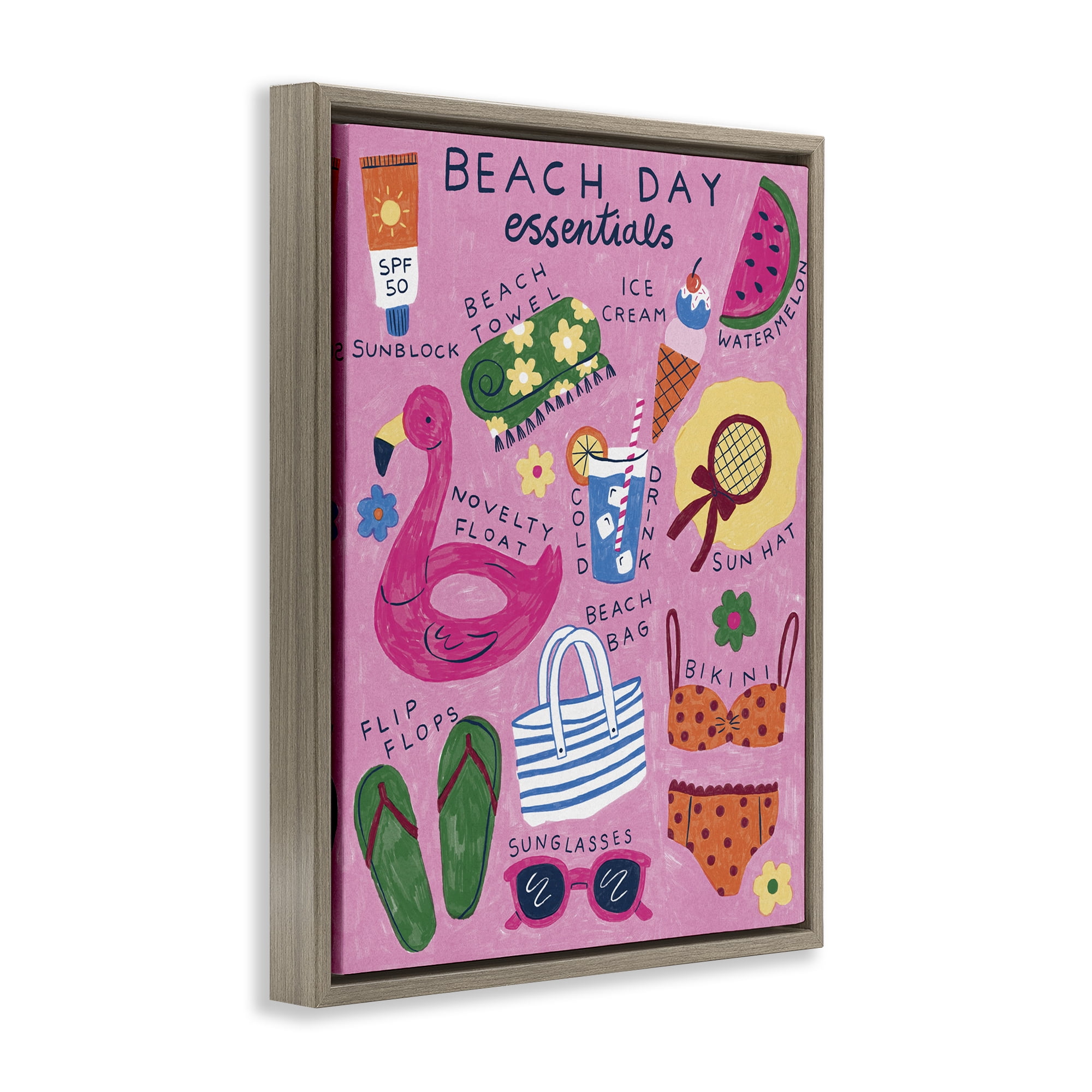 Stupell Industries Beach Day Essentials Nautical & Beach Painting Brown Floater Framed Canvas Art Print Wall Art, 25 x 31