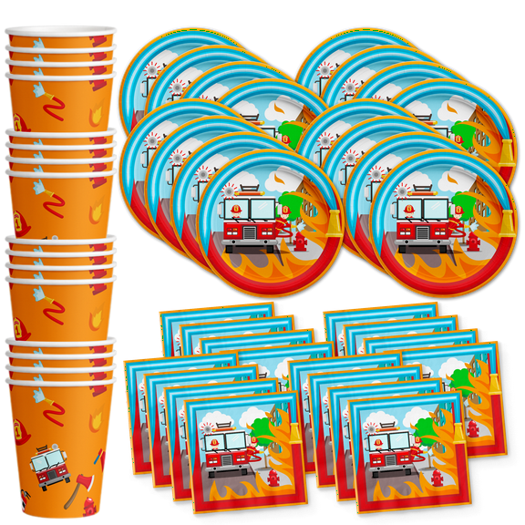 Fire Fighter Truck Birthday Party Supplies Set Plates Napkins Cups Tableware Kit for 16