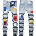 thumbnail image 2 of Luwomo Jeans for Mens Slim Fit Fashion Straight Leg High Waist Long Streetwear Color Graphic Embroidered Washed Trousers Denim Pants Blue,28, 2 of 9