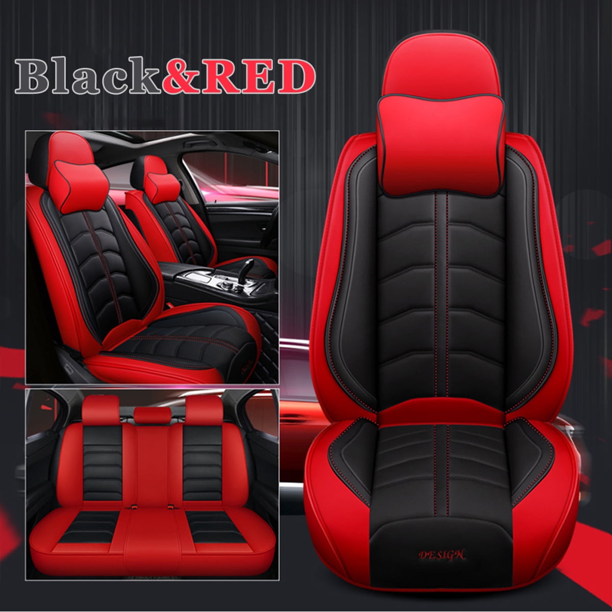 5-Seats Car Cushions Black & Red PU Leather Seat Covers Auto Front+Rear Full Set