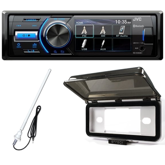 Single DIN Marine Motorsports Digital Media Bluetooth USB AUX AM/FM Radio Stereo Receiver Bundle Combo with Marine Single DIN Radio Dash Protector (White), AM/FM Antenna (White)