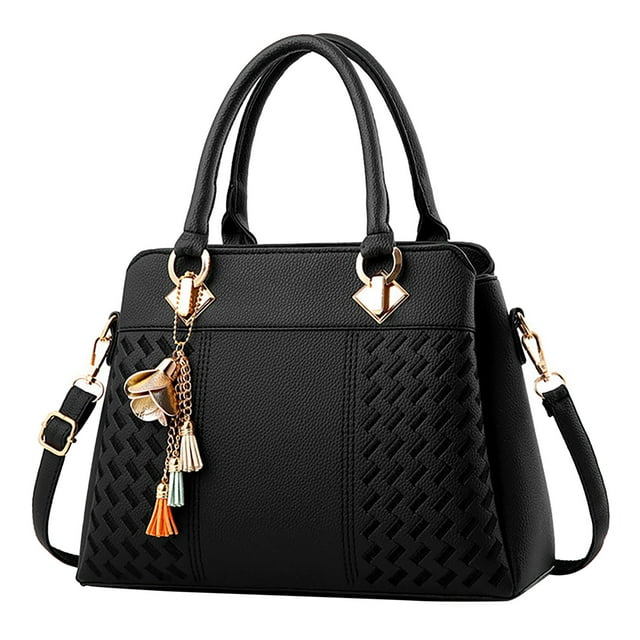 Ediodpoh Womens Handbags Ladies Purse Satchel Shoulder Bags Roomy Fashion Tote Leather Bag Totes in black. This tote features a textured PU leather surface with a woven pattern detail on the lower sides, gold-tone hardware, and a decorative charm with tassels. It includes dual top handles and an adjustable, removable shoulder strap for versatile carrying options. The bag measures 12.2 x 5.5 x 9.1 inches with a handle height of 5.9 inches, making it suitable for daily essentials like a phone, wallet, and cosmetics. Ideal for casual or formal outfits, this lightweight and stylish tote is perfect for work, shopping, or travel.