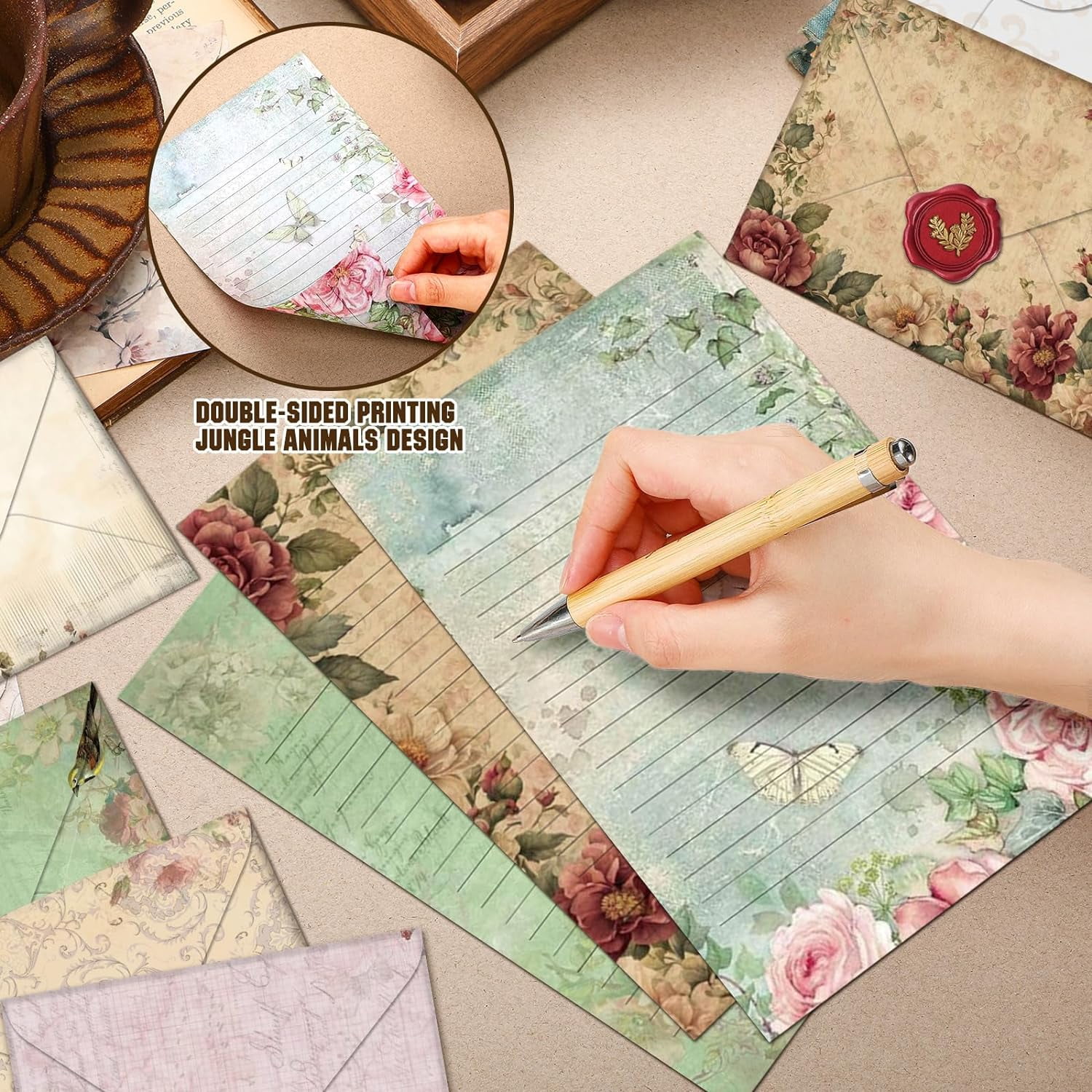 160 Pcs Stationery Paper Set 50 Double Sided Papers with Matching Envelopes and 60 Round Dot Sticker, 10 Design(Vintage Floral,5.5 x 8.25 Inch)
