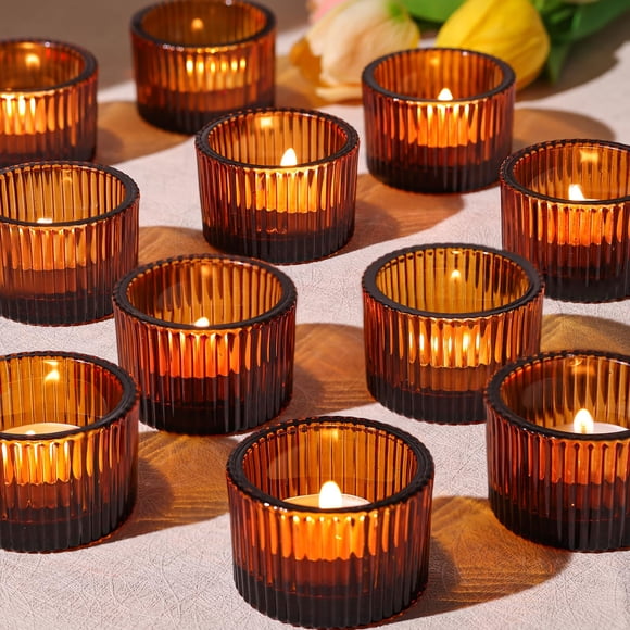 Portavelas HAVITI de vidrio ámbar con forma de vela, 24 unidades
