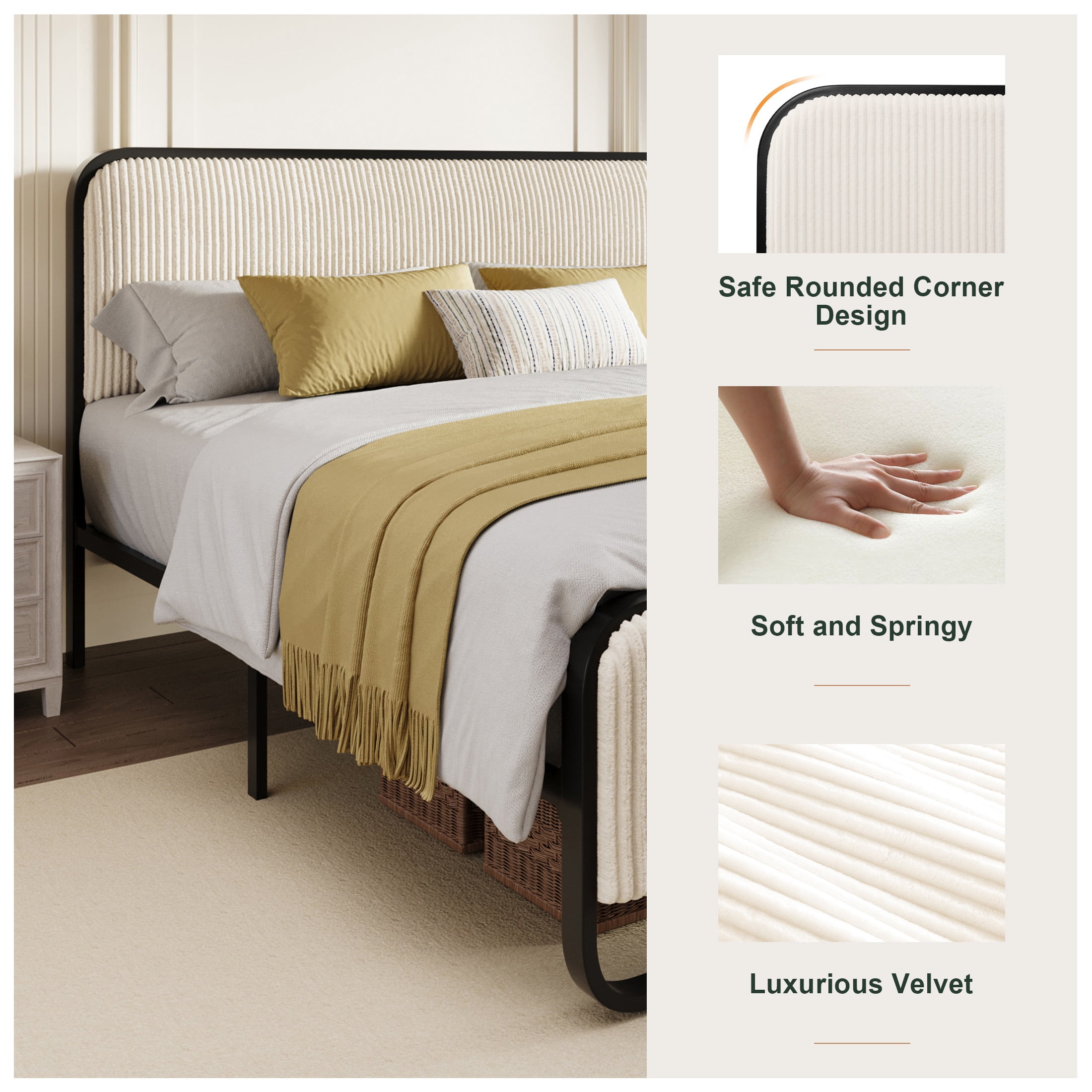 Einfach Queen Bed Frame, Upholstered Platform Bed with Velvet Curved Headboard and Footboard, No Box Spring Needed, 1000 LBS Capacity, Cream White