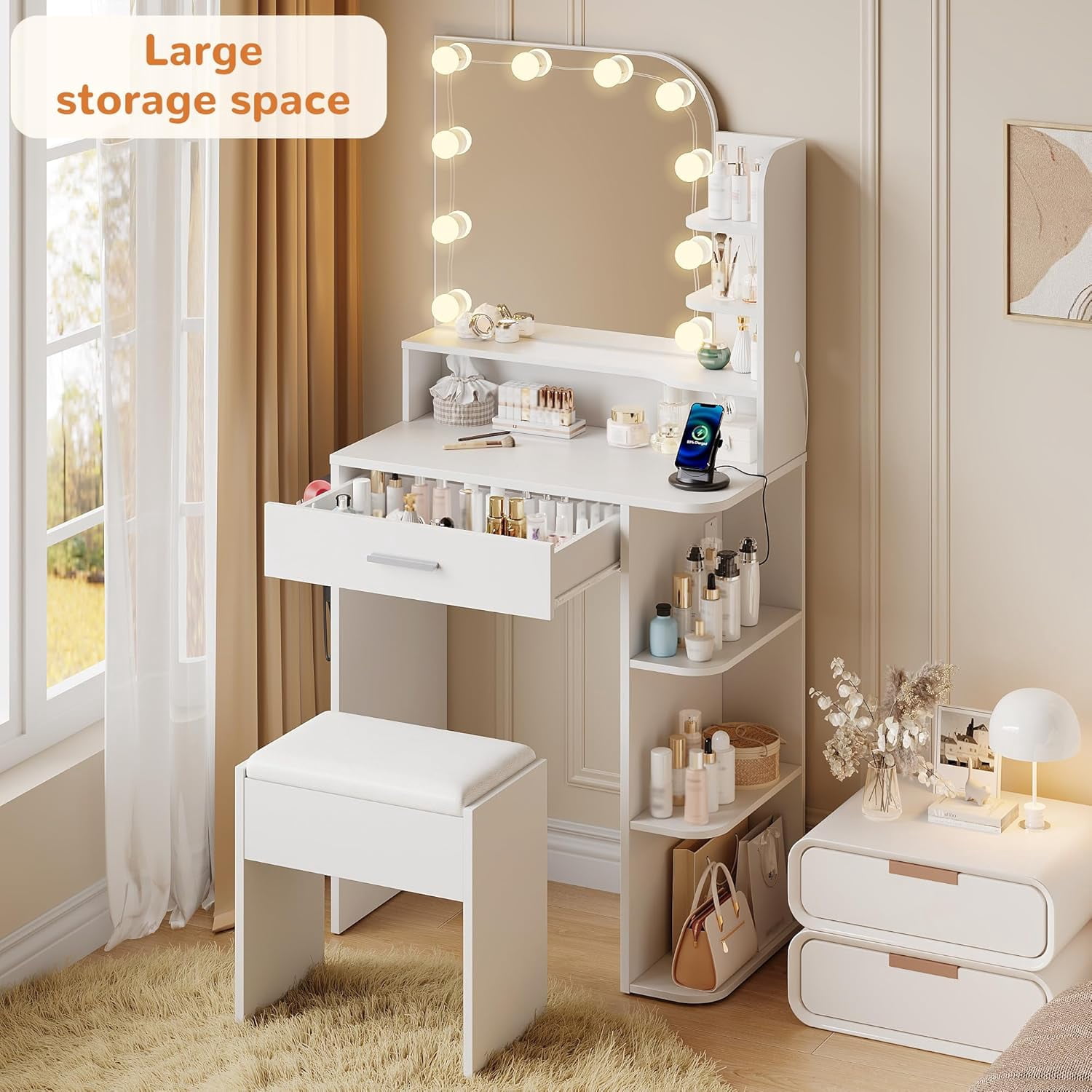Vanity Set with Mirror and Lights, Small Makeup Vanity Desk with Stool, Charging Station, 26.4" Compact White Vanity for Small Spaces, 3 Color Lighting Modes