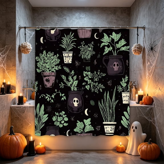 Halloween Shower Curtain, Spooky Black Bathroom Decor, Waterproof Fabric Tub Partition with 12 Hooks, Washable Shower Cloth