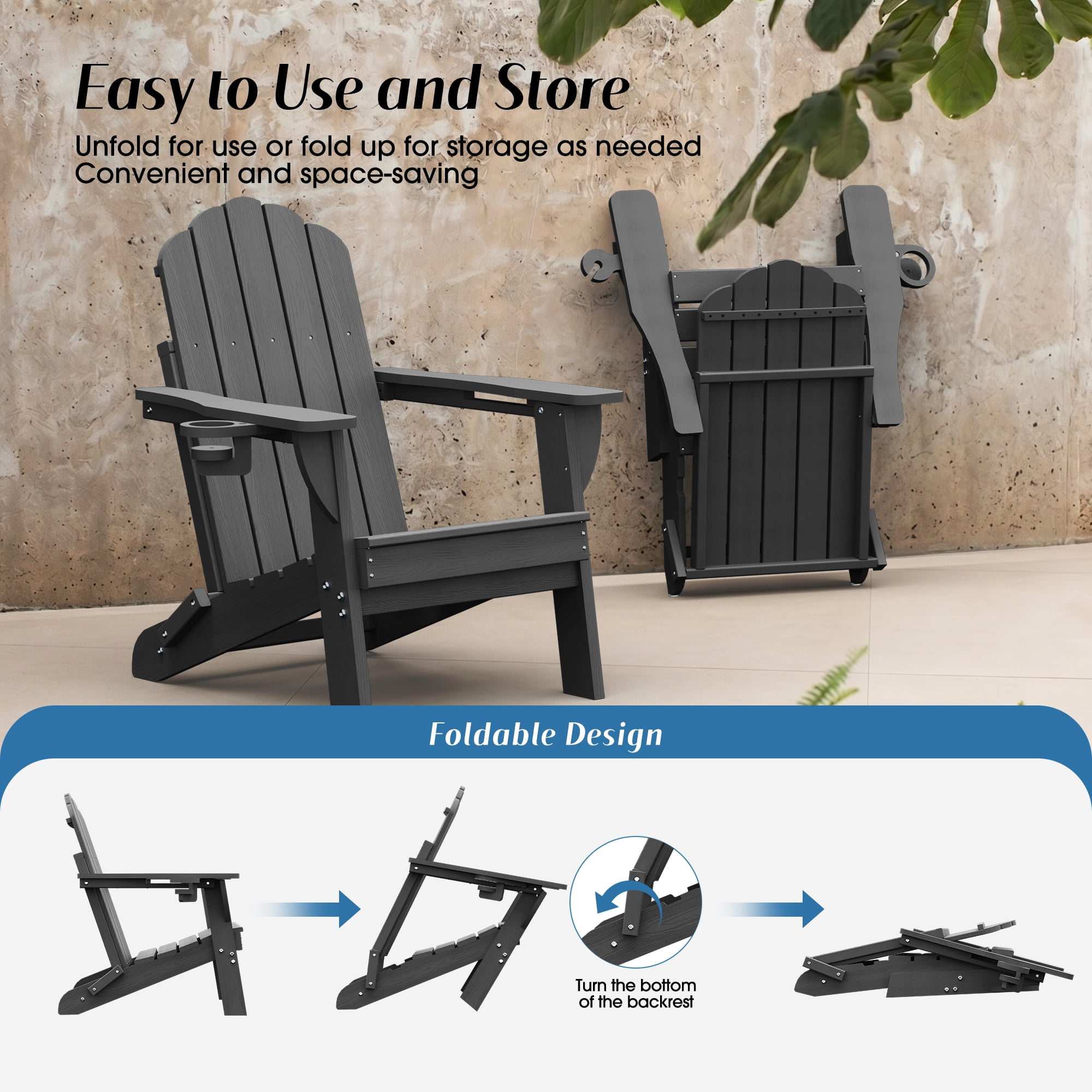Folding Adirondack Chairs Set of 2, HDPE Plastic Fire Pit Chairs, Gray