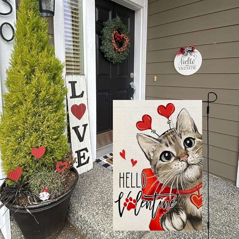 Valentines Day Cat Garden Flag Hello Valentine Double Sided for Outside Small Burlap Red Holiday Yard Decoration