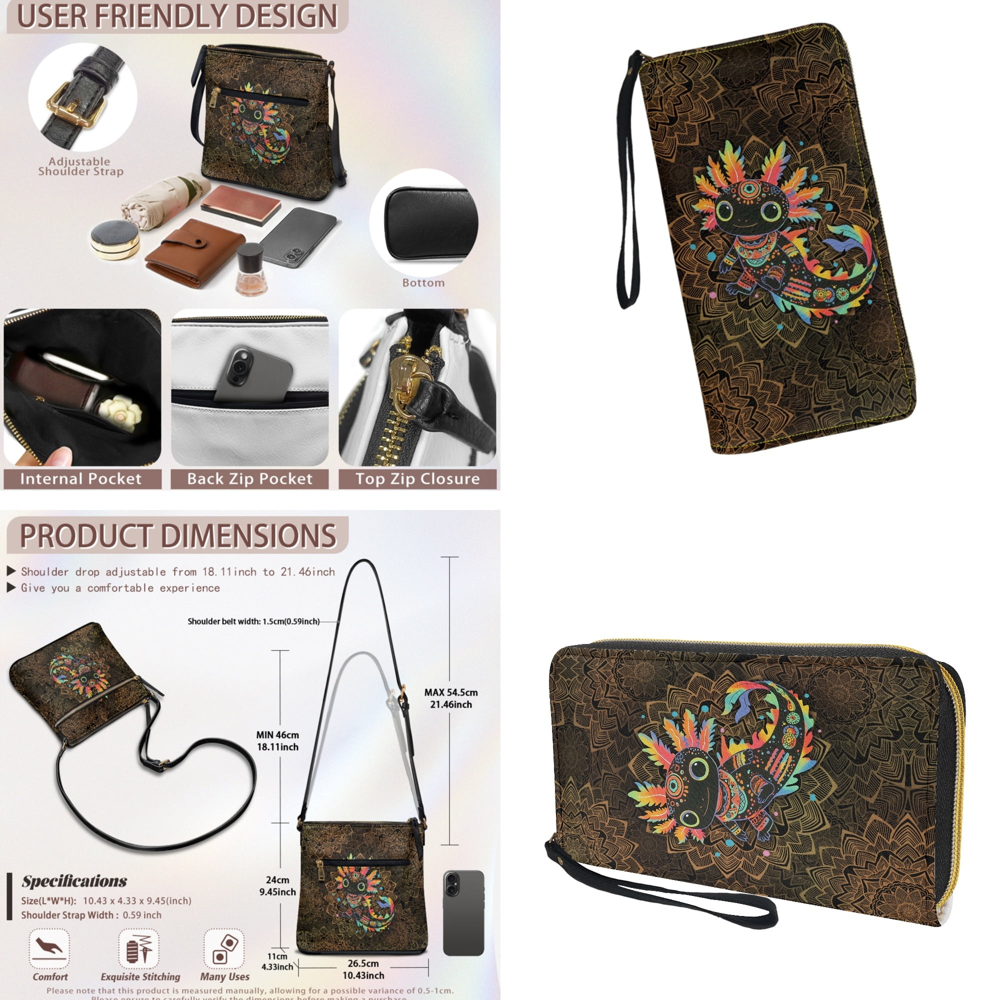 ZUXONGSY Boho Mandala Axolotl Print Women's PU Leather Hobo Bag & Matching Wallet Set, Multi-Pocket Crossbody Purse with Adjustable Strap for Travel & Work