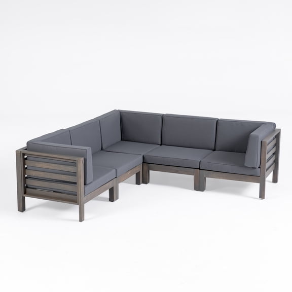GDF Studio Cascada Outdoor Acacia Wood 5 Seater Sectional Sofa Set with Cushions, Gray and Dark Gray