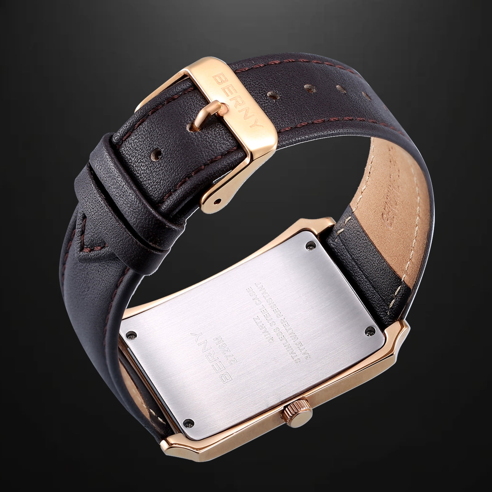 BERNY Men's Leather Watch, Vintage Stainless Steel Rectangular Case Roman Dial Dress Analog Watch with Date Calendar, Waterproof, Classic Business Quartz Wrist Watches for Men (Rose Gold)