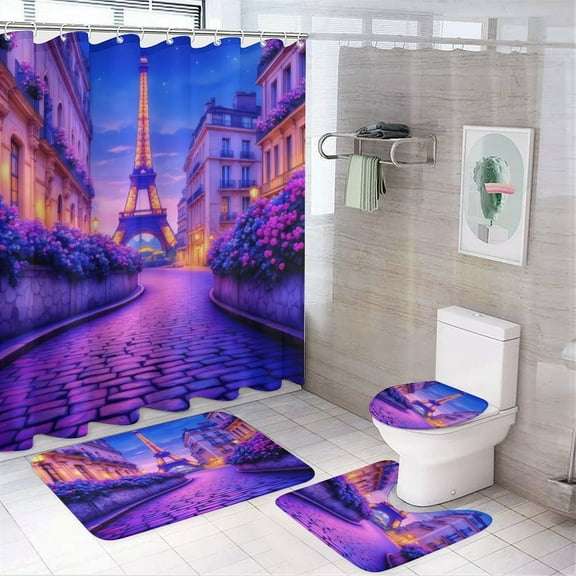Parisian Night with Eiffel Tower Shower Curtain Waterproof Bathroom Curtain Set with Hooks Home Decor Bathroom Curtains 4pcs