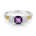 thumbnail image 2 of Gem Stone King 925 Silver and 10K Yellow Gold Purple Amethyst White Moissanite and Diamond 3-Stone Ring for Women (1.37 Cttw, February Birthstone, Cushion Checkerboard 6MM and 4MM, Size 8), 2 of 3