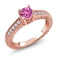 thumbnail image 2 of Gem Stone King 18K Rose Gold Plated Silver Pink Created Sapphire and White Created Sapphire Women's Solitaire Ring with Accent Stones (0.70 Cttw, Round Shape 5MM, Size 9), 2 of 2