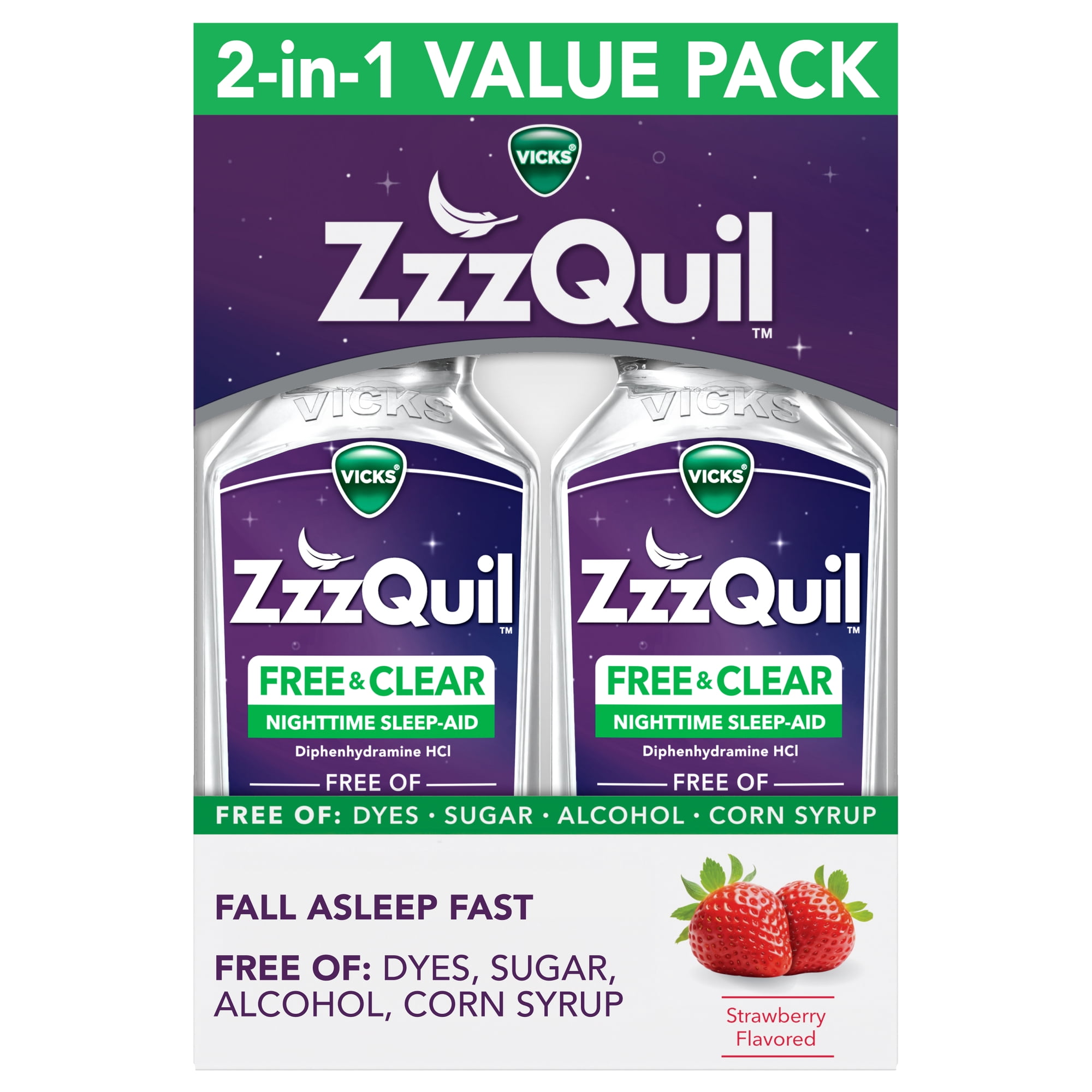 ZzzQuil Liquid Sleep Aid, FREE & CLEAR, Strawberry Flavored, 2 Pack, 24 fl oz