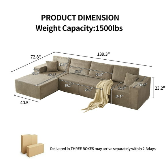 139.3" Cloud Modular Sectional Sofa, Boneless Oversized Couch with Ottoman and 2 Pillows, No Assembly Required, Extra-Long Upholstered Sofa for Living Room, Bedroom, or Studio Apartment, Gray