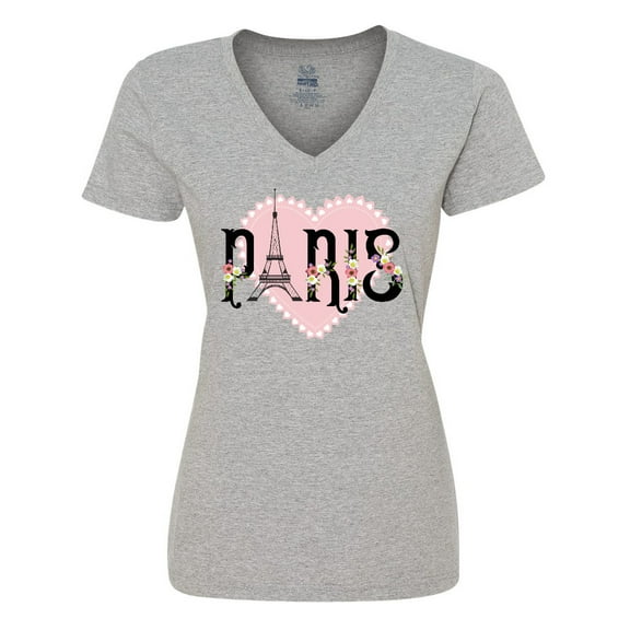 Inktastic Paris Pink Heart Eiffel Tower with Flowers Women's V-Neck T-Shirt