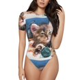 thumbnail image 1 of Junzan Justaucorps à Manches Courtes Col Rond Imprimé Chat Ludique pour Femmes, T-shirt Mode Aguichant une Pièce Col Rond Justaucorps Aguichant pour Sortir - Grand, 1 of 7