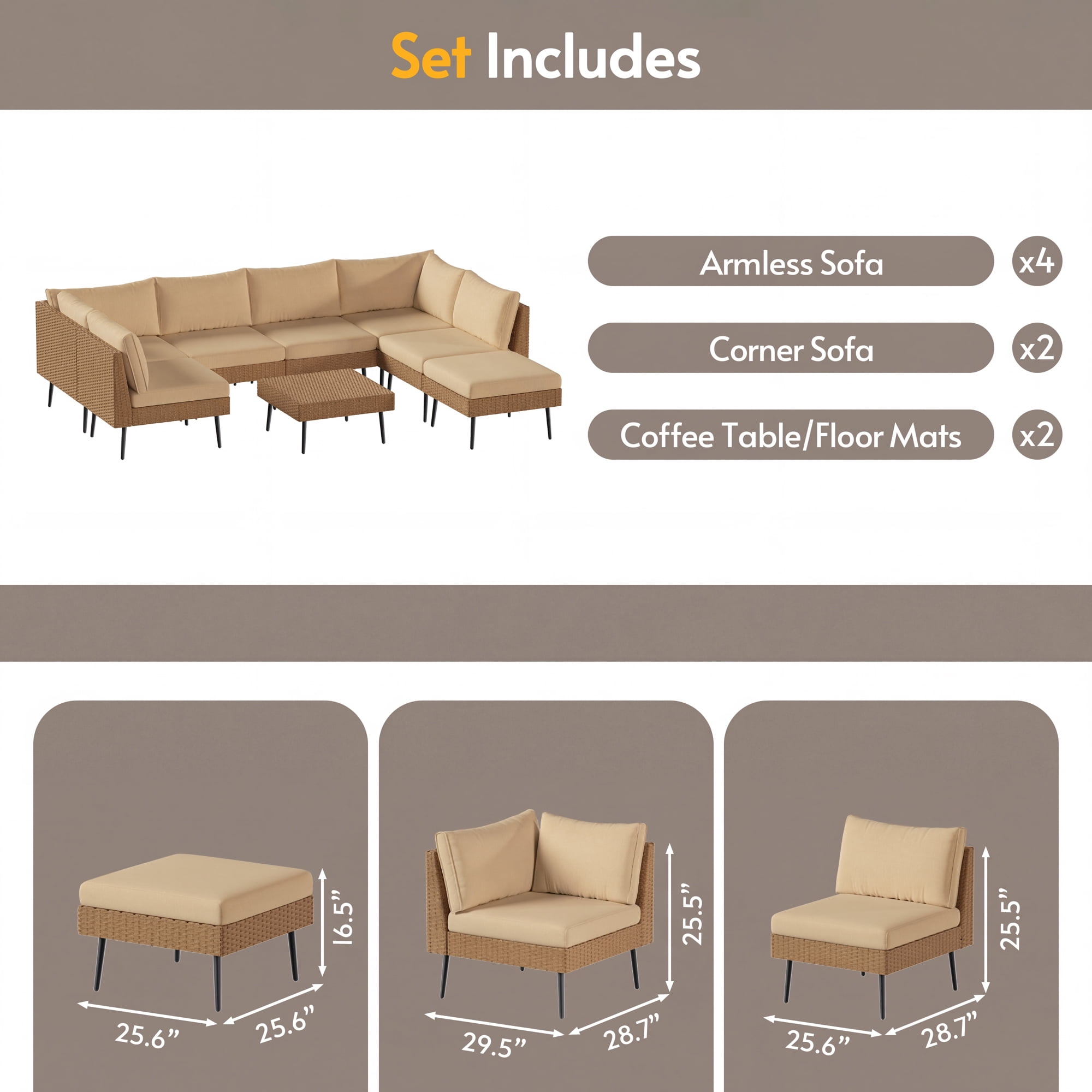 LAZZO 8-Piece Outdoor Wicker Conversation Set, All-Weather Sectional Sofa with 6 Chairs & 2 Ottomans, Khaki Cushions
