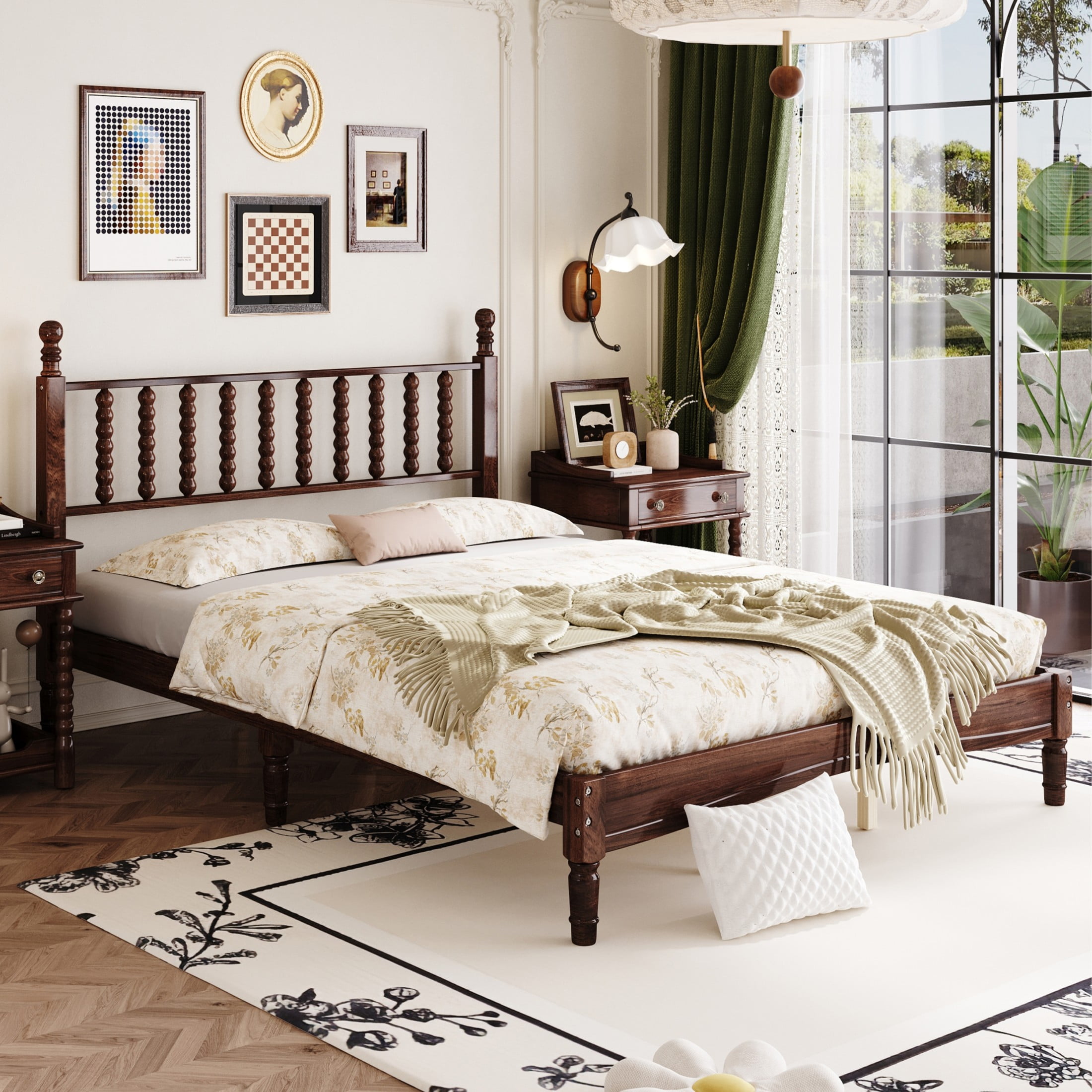 Noble House Queen Size Wood Platform Bed with Gourd-Shaped Headboard, Retro Wooden Bed Frame with Slat Support, Walnut